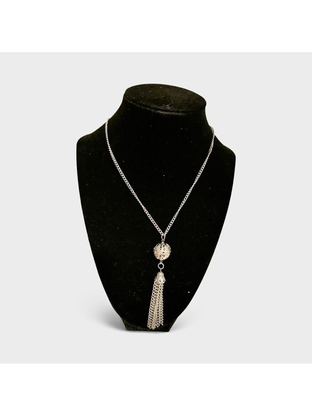 Silver Tassel Necklace, Detailed Round Ball with 8 Chain Tassels.